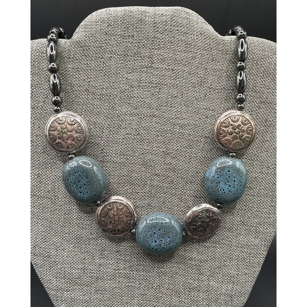 Artistic Polished Blue Stone With Silver Accents 11" Necklace Magnet Closure